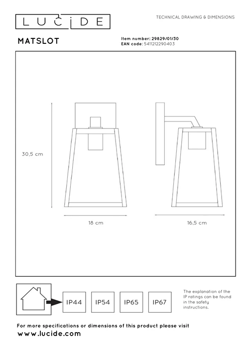 Lucide MATSLOT - Applique murale Intérieur/Extérieur - 1xE27 - IP23 - Noir - technique